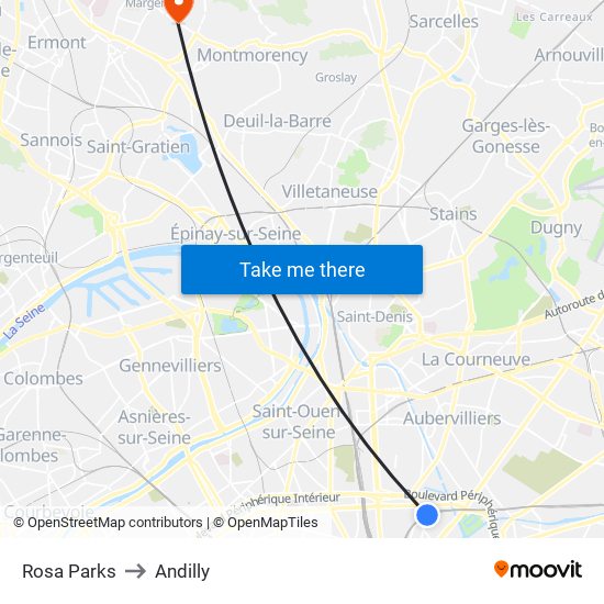 Rosa Parks to Andilly map