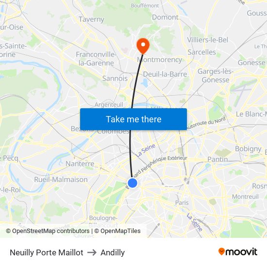 Neuilly Porte Maillot to Andilly map