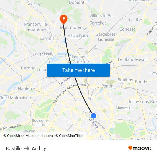 Bastille to Andilly map