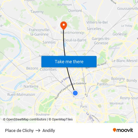 Place de Clichy to Andilly map