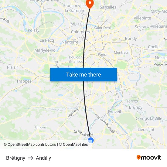 Brétigny to Andilly map