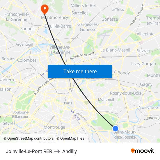 Joinville-Le-Pont RER to Andilly map