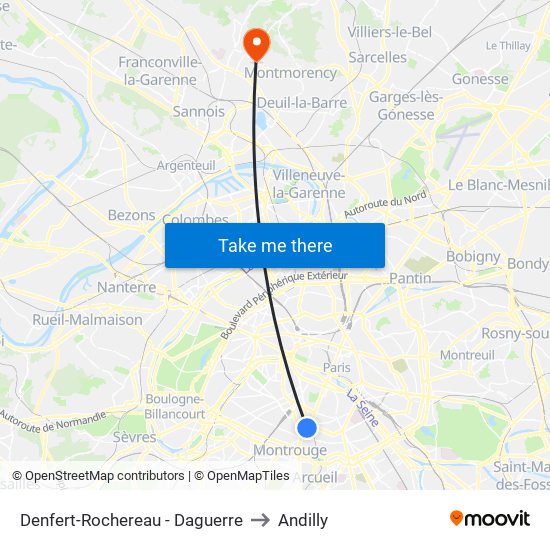 Denfert-Rochereau - Daguerre to Andilly map