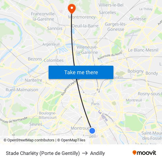 Stade Charléty (Porte de Gentilly) to Andilly map