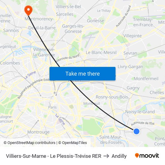 Villiers-Sur-Marne - Le Plessis-Trévise RER to Andilly map