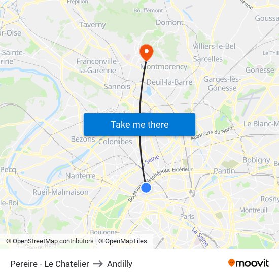 Pereire - Le Chatelier to Andilly map