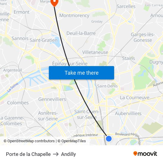 Porte de la Chapelle to Andilly map