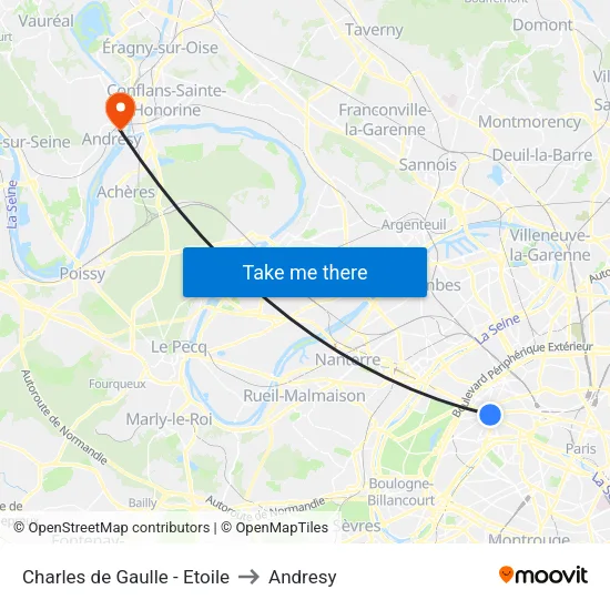 Charles de Gaulle - Étoile to Andresy map