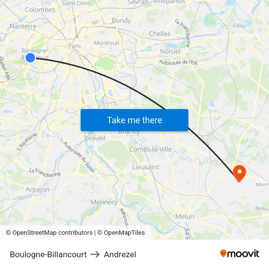 Boulogne-Billancourt to Andrezel map