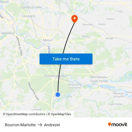 Bourron-Marlotte to Andrezel map