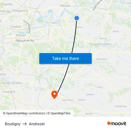 Boutigny to Andrezel map