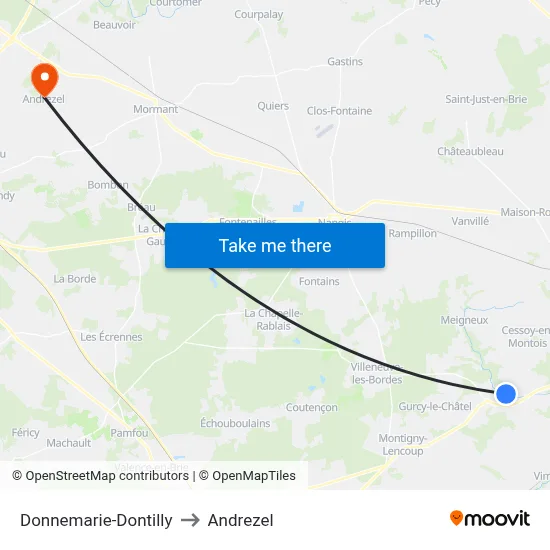 Donnemarie-Dontilly to Andrezel map