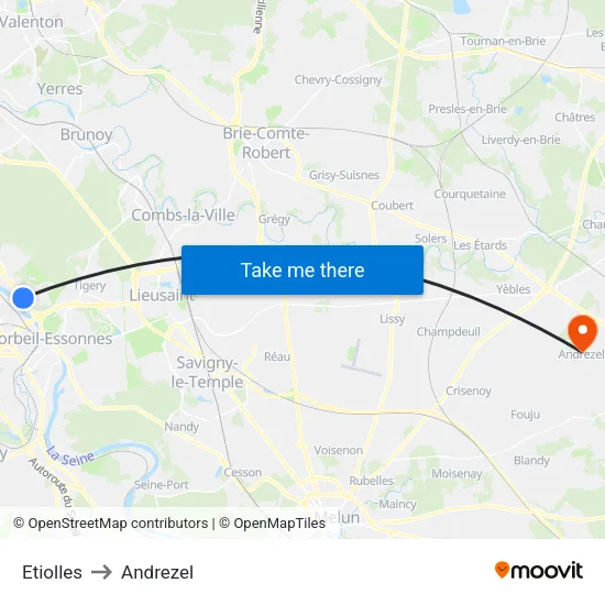Etiolles to Andrezel map