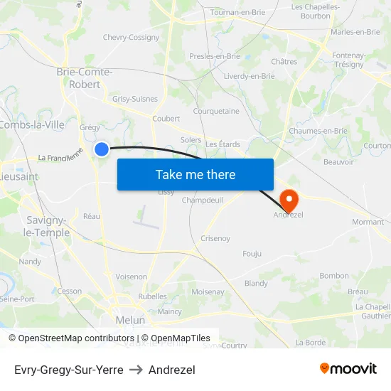 Evry-Gregy-Sur-Yerre to Andrezel map