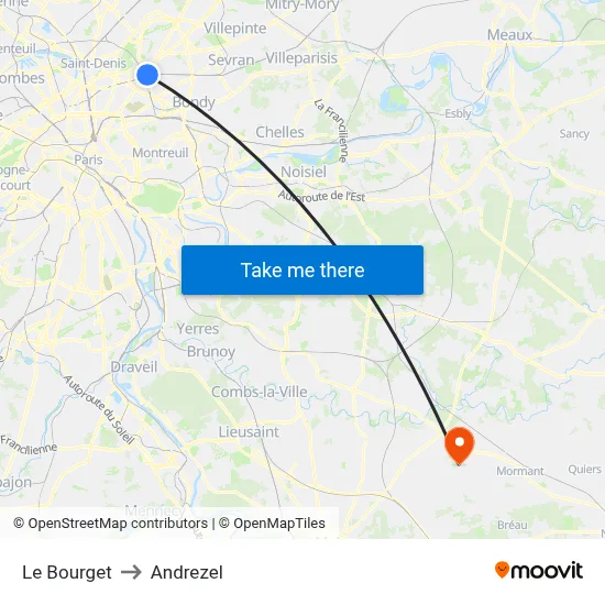 Le Bourget to Andrezel map