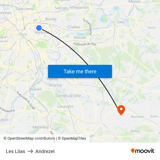 Les Lilas to Andrezel map