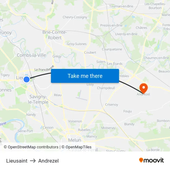 Lieusaint to Andrezel map