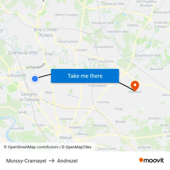 Moissy-Cramayel to Andrezel map
