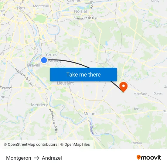 Montgeron to Andrezel map