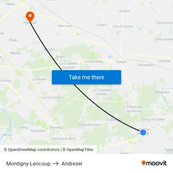 Montigny-Lencoup to Andrezel map