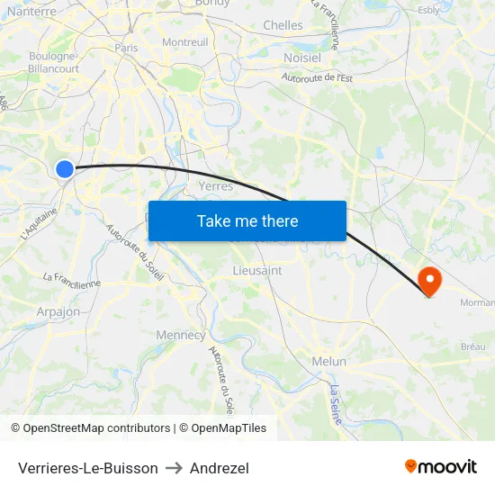 Verrieres-Le-Buisson to Andrezel map