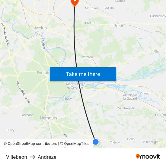 Villebeon to Andrezel map