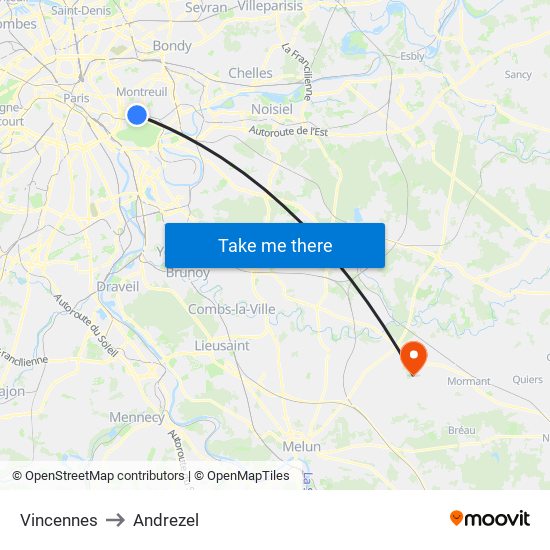 Vincennes to Andrezel map