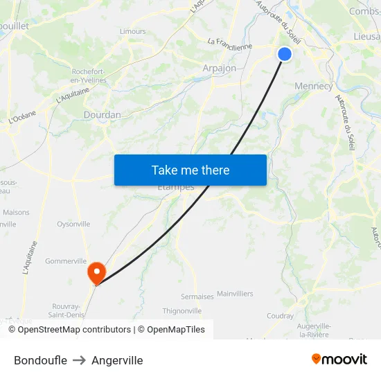 Bondoufle to Angerville map