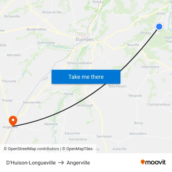 D'Huison-Longueville to Angerville map