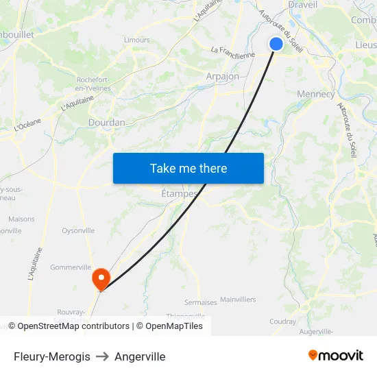 Fleury-Merogis to Angerville map