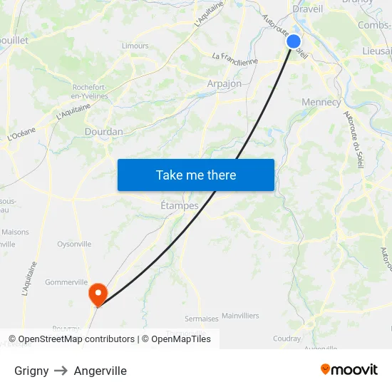 Grigny to Angerville map
