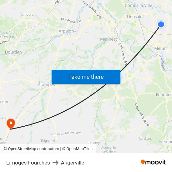 Limoges-Fourches to Angerville map