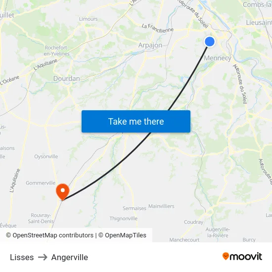 Lisses to Angerville map