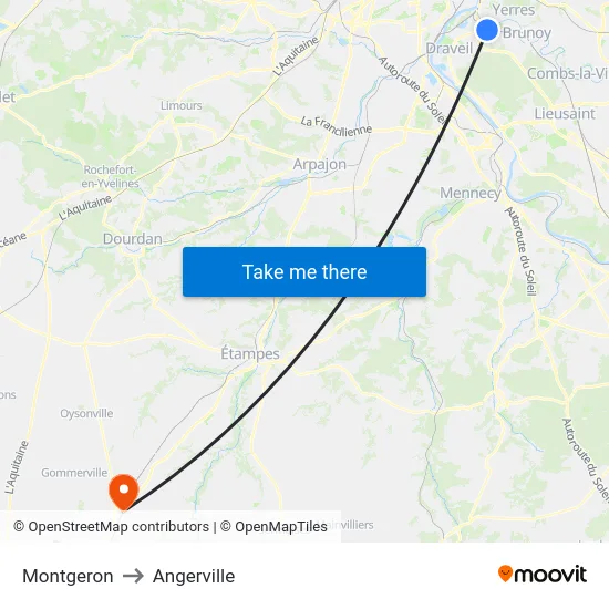Montgeron to Angerville map