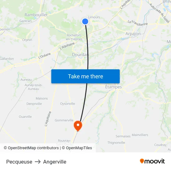 Pecqueuse to Angerville map