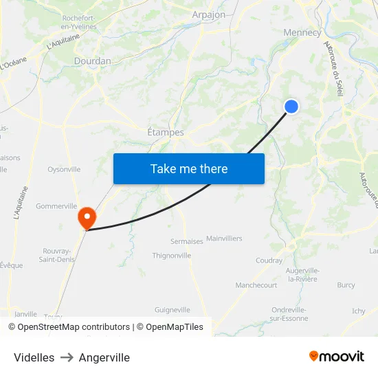 Videlles to Angerville map