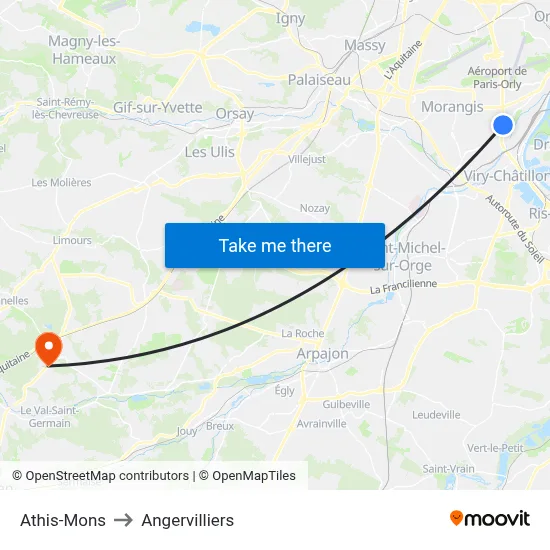 Athis-Mons to Angervilliers map