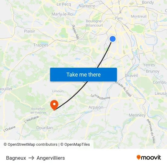 Bagneux to Angervilliers map