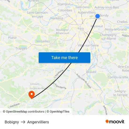 Bobigny to Angervilliers map