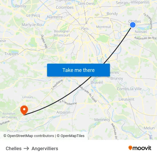 Chelles to Angervilliers map