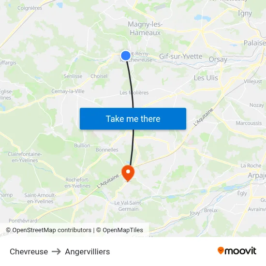 Chevreuse to Angervilliers map