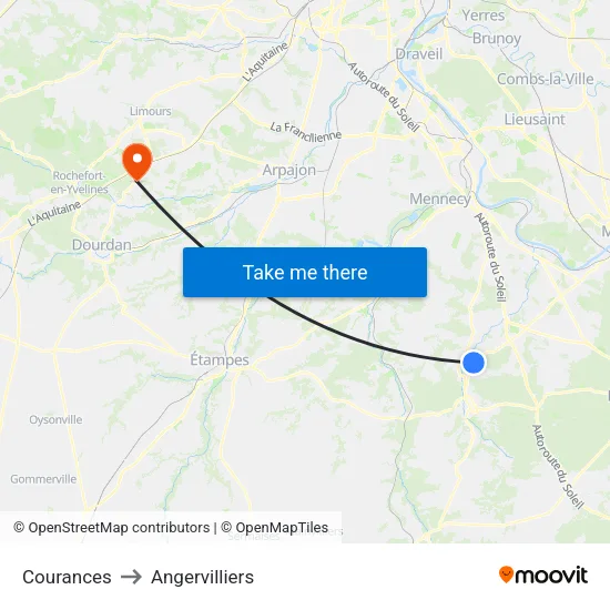 Courances to Angervilliers map