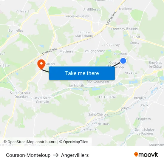 Courson-Monteloup to Angervilliers map
