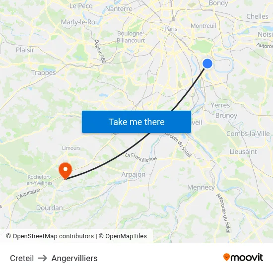 Creteil to Angervilliers map