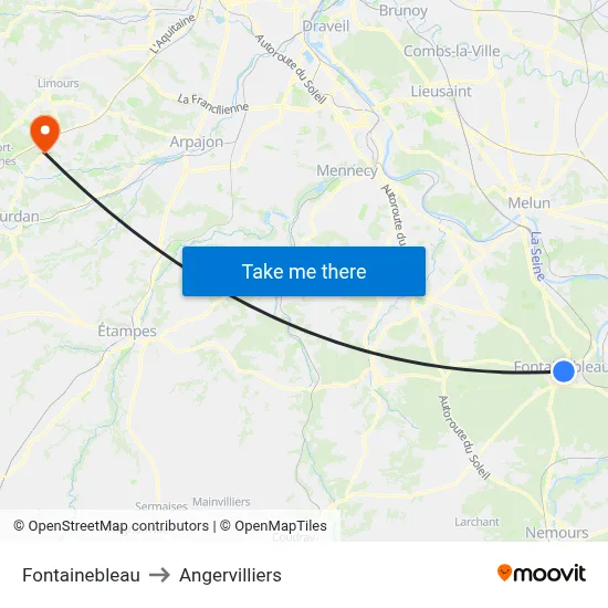 Fontainebleau to Angervilliers map