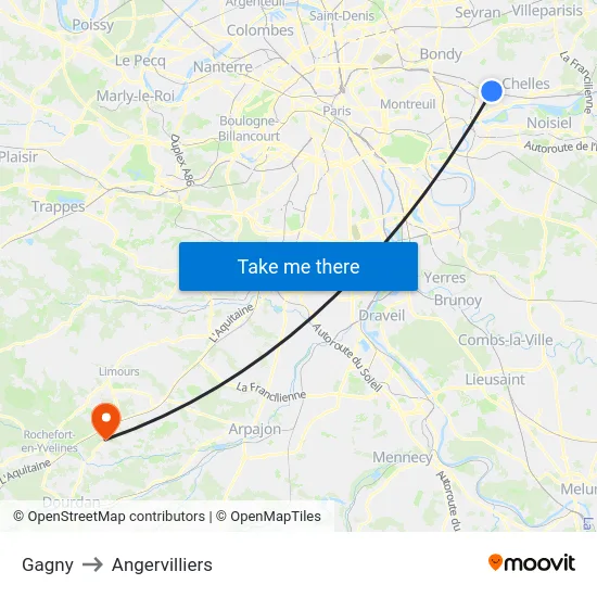 Gagny to Angervilliers map