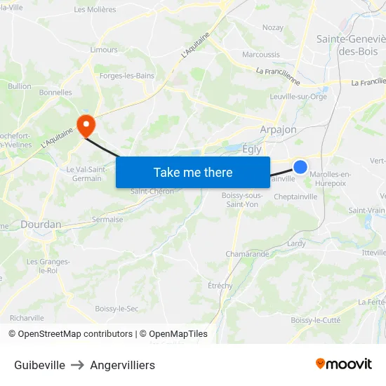 Guibeville to Angervilliers map