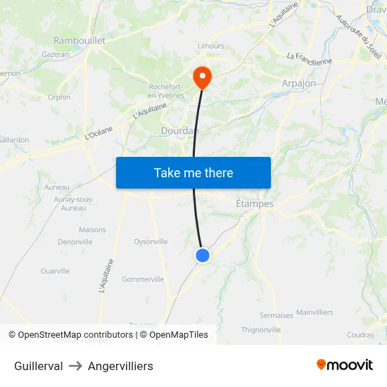 Guillerval to Angervilliers map