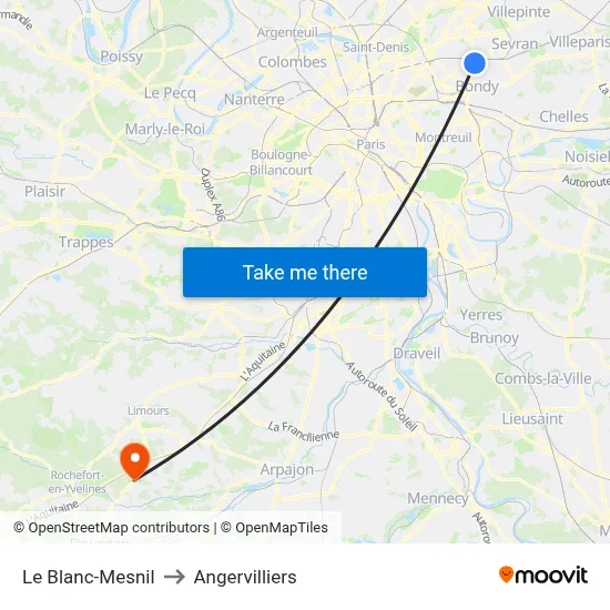 Le Blanc-Mesnil to Angervilliers map