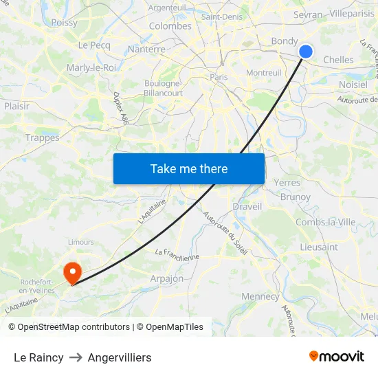 Le Raincy to Angervilliers map